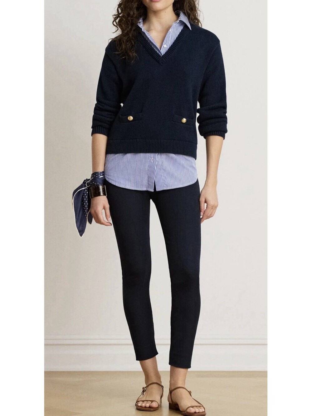 New Lauren Ralph Lauren Layered Mixed Media Sweater In Navy Size L $195